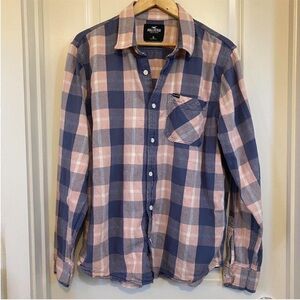 Hollister lightweight flannel button down pink blue pocket logo size xl